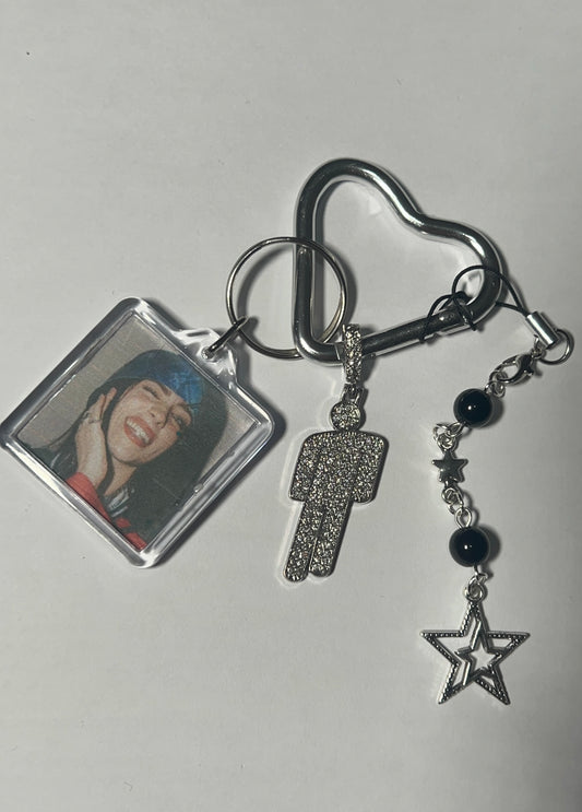 Billie eilish silver blohsh keychain with a cute billie pic literally a need