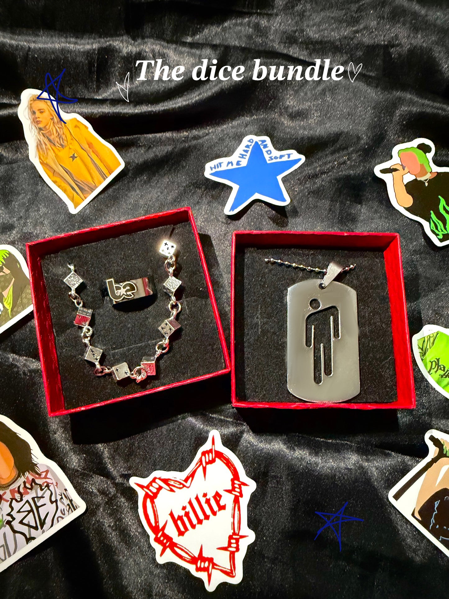 Billie eilish dice bundle includes 1x BE ring 1x dogtag 1x your turn dice bracelet!