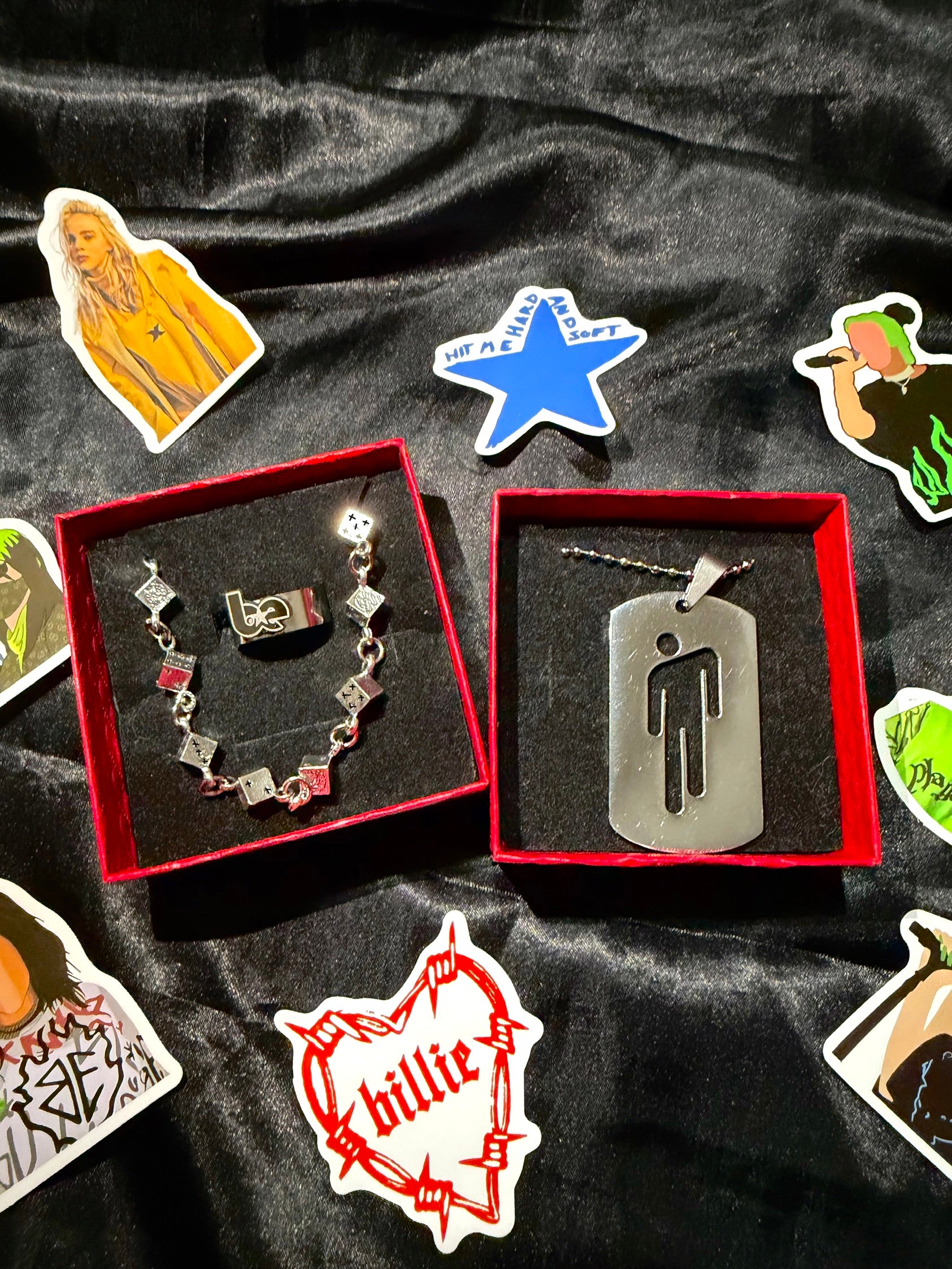 Billie Eilish Movie bundle inludes dice bracelet BE Ring and Dogtag